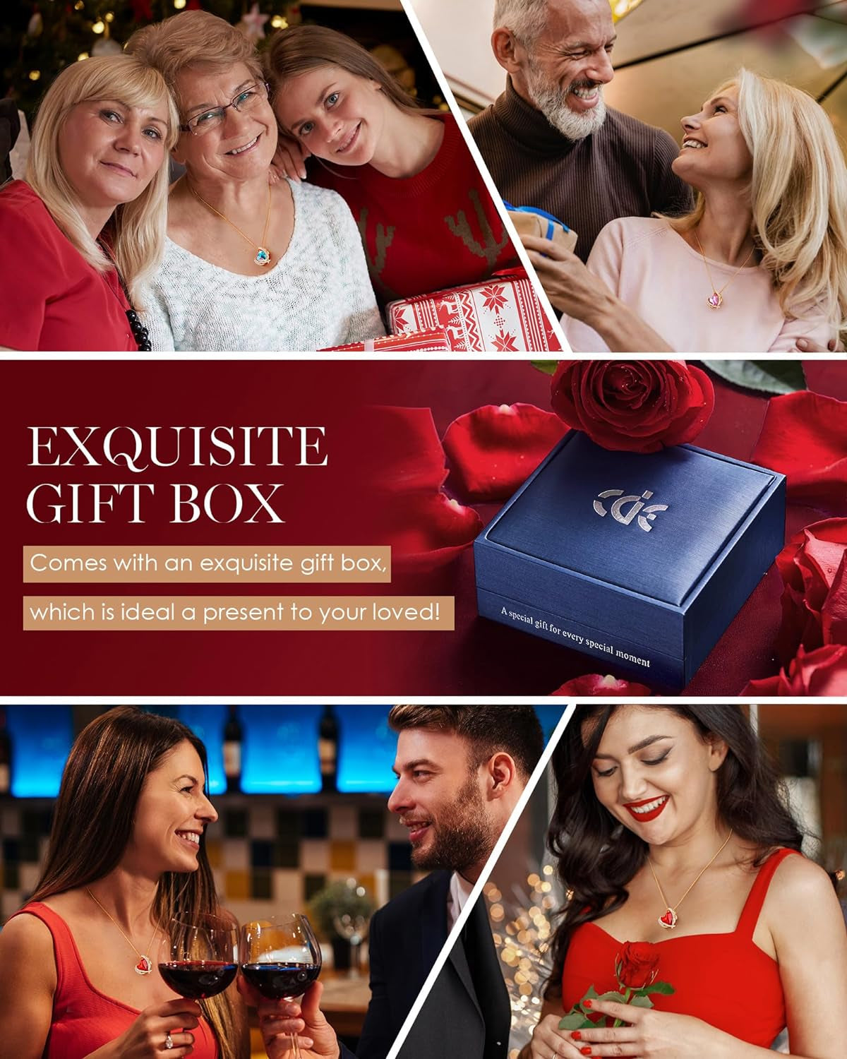 CDE Mothers Day Gifts for Mom，Love Heart Pendant Necklaces for Women, Silver Tone Rose Gold Tone Birthstone Jewelry Gifts for Wife Her