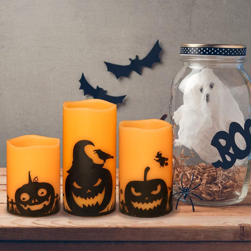 Eldnacele Halloween Flameless Candles, LED Flickering Battery Pillar Candles with 6H Timer and Pumpkin Decals, Spooky Fall Halloween Festival Party Decoration Set of 3 (D 3” X H 4” 5” 6”)
