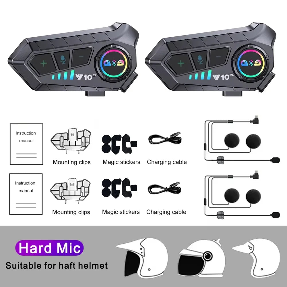 2PCS Y10 2X Helmet BT 5.3 for 2 Riders Intercommunicator 300M Waterproof Music Sharinmotorcycle Intercom Headsetg Interphone