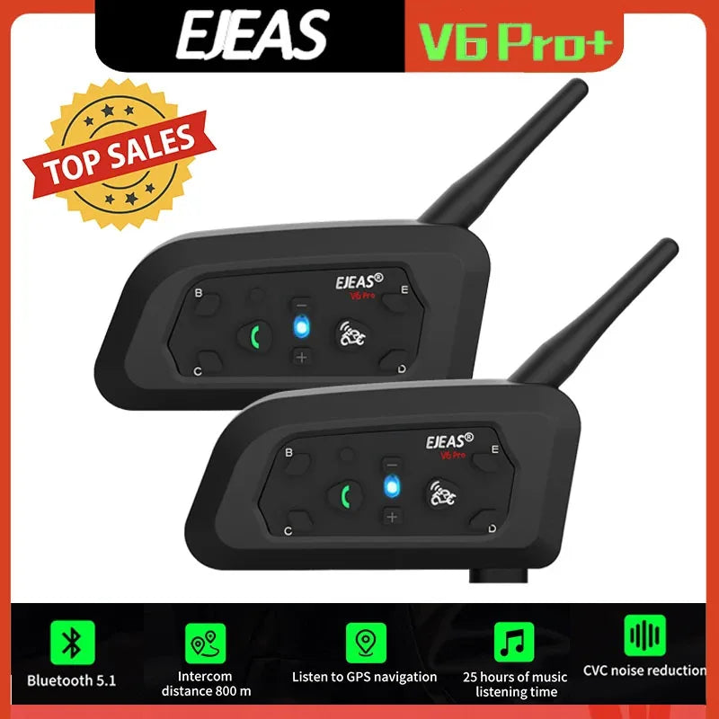 V6 PRO+ Bluetooth Motorcycle Helmet Intercom Headset with 1200M BT Interphone Communicator for 6 Riders Waterproof