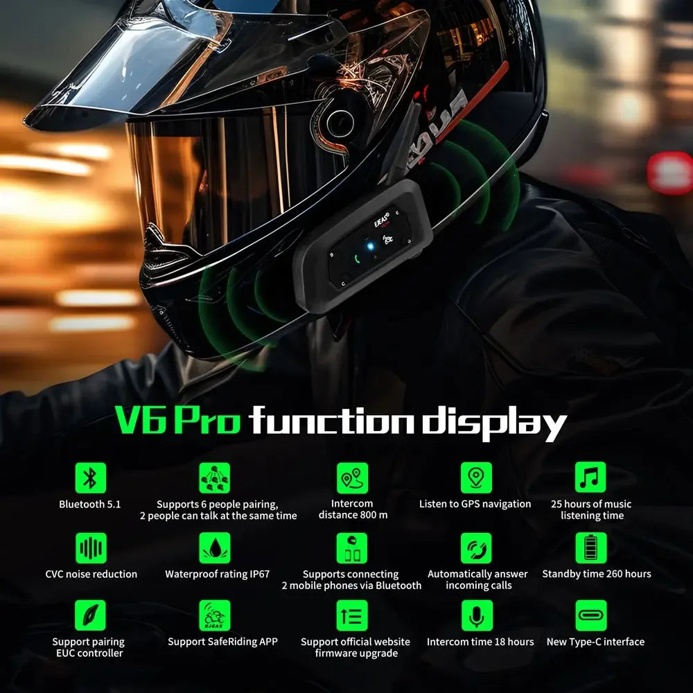 V6 PRO+ Bluetooth Motorcycle Helmet Intercom Headset with 1200M BT Interphone Communicator for 6 Riders Waterproof