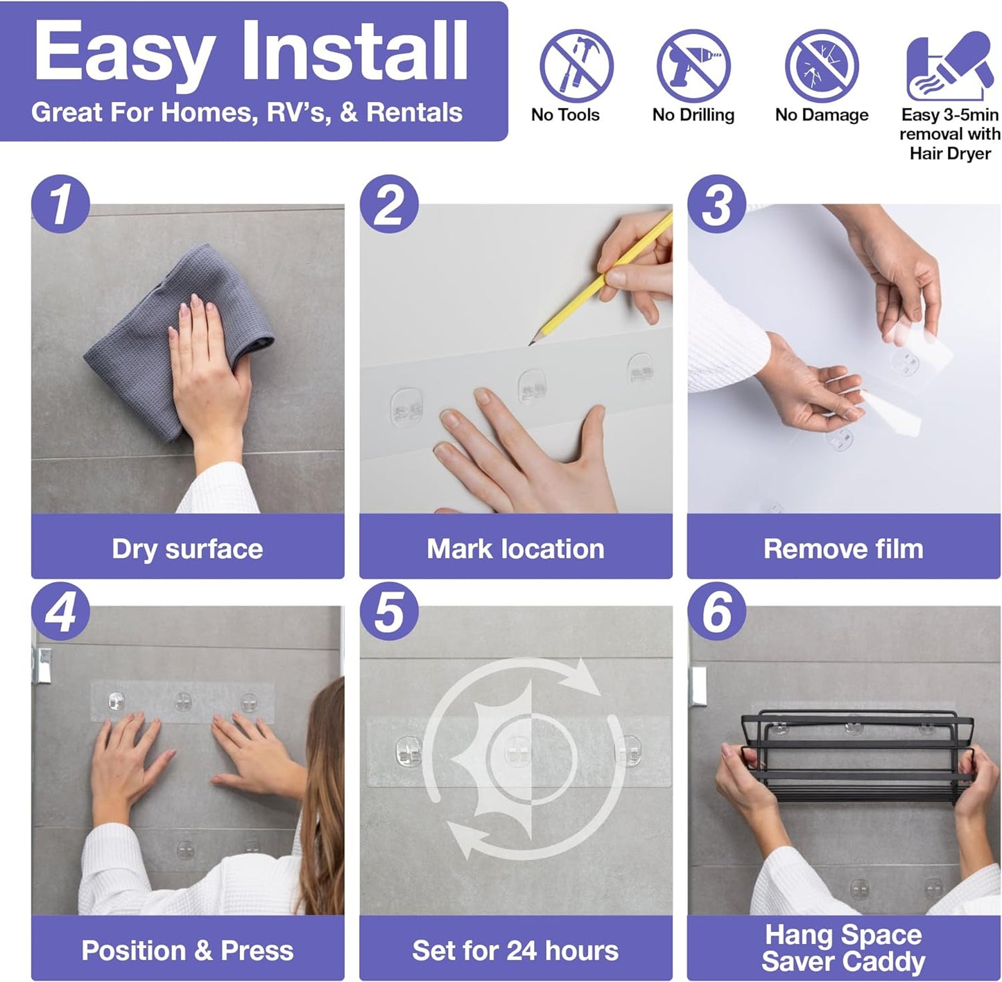 KINCMAX Premium Shower Caddy - Adhesive Bathroom Shower Organizer and Storage W/ 4 Hooks, No Drill Shower Shelves for inside Shower, Rustproof Stainless Steel Shower Rack, Accessories Holder, Black