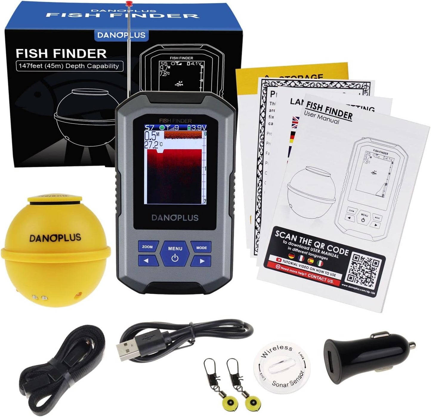 Portable Fish Finder Large HD Display Wireless Fish Finder, Fish Finders & Depth Finders for Boats with 147 Feet Depth Detection Sensor, Rechargeable Castable Fish Finder Display Fish, Temp, Depth