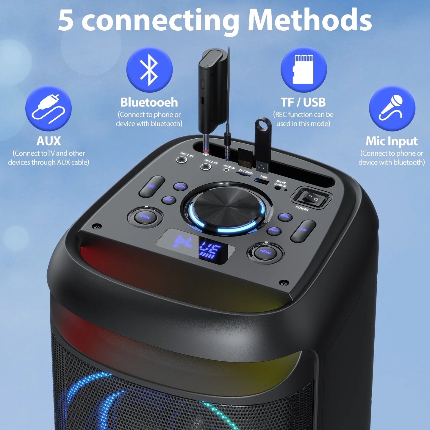 Speaker, Big Bluetooth Speaker with DJ Lights, Portable Wireless Large Party Speaker with Remote Control for Outdoor