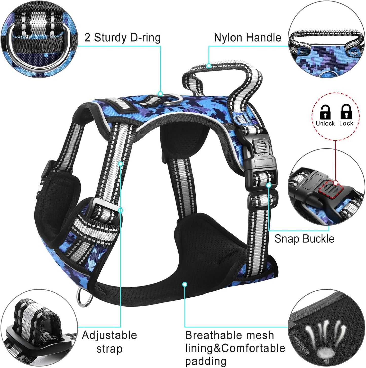 WINSEE Dog Harness No Pull, Pet Harnesses with Dog Collar, Adjustable Reflective Oxford Outdoor Vest, Front/Back Leash Clips for Small, Medium, Large, Extra Large Dogs, Easy Control Handle for Walking