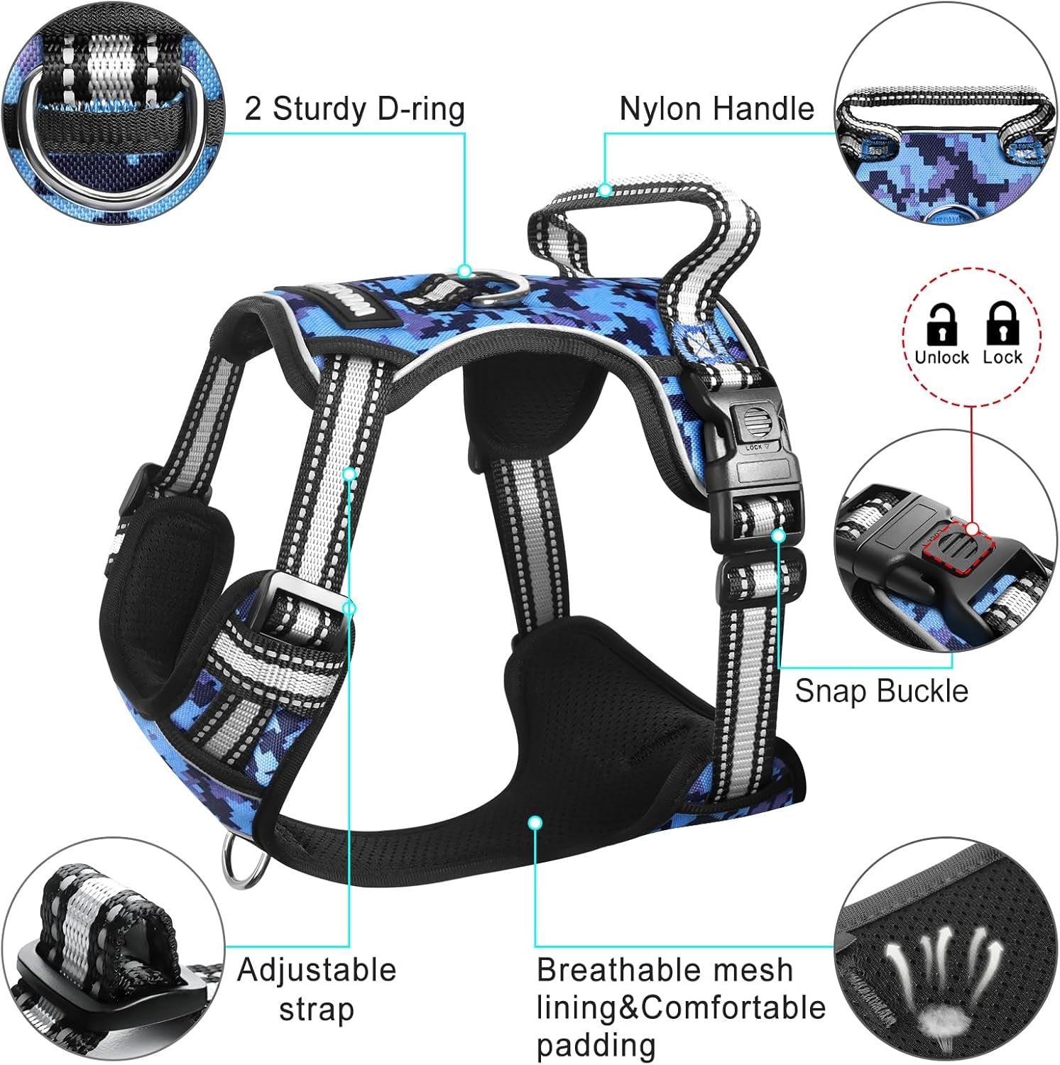 WINSEE Dog Harness No Pull, Pet Harnesses with Dog Collar, Adjustable Reflective Oxford Outdoor Vest, Front/Back Leash Clips for Small, Medium, Large, Extra Large Dogs, Easy Control Handle for Walking