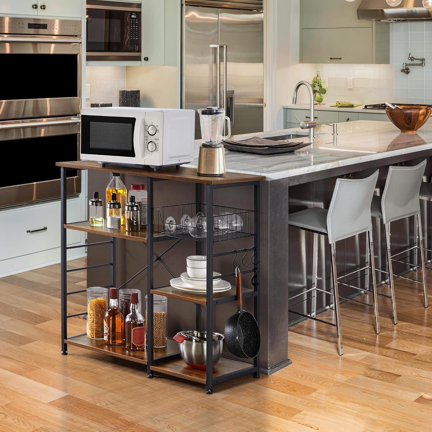 Yaheetech 4-Tier Kitchen Baker'S Rack, Coffee Bar Microwave Stand Cart with Wire Basket & 6 Side Hooks, Kitchen Organizer Shelf for Spices/Utensils Foods, Rustic Brown