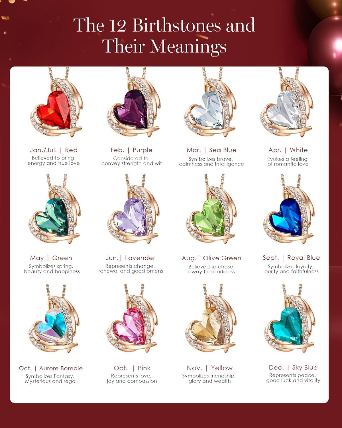 CDE Mothers Day Gifts for Mom，Love Heart Pendant Necklaces for Women, Silver Tone Rose Gold Tone Birthstone Jewelry Gifts for Wife Her