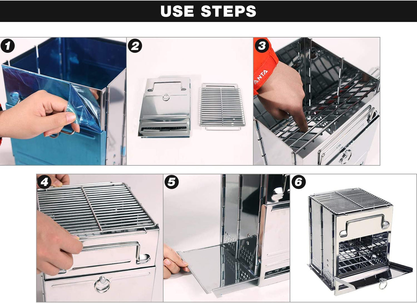 REDCAMP Wood Burning Folding Camp Stove Stainless Steel Grill, Portable Collapsible Backpacking Stove Survival Rocket Stove for Hiking Outdoor Tent Camping Picnic BBQ, Large