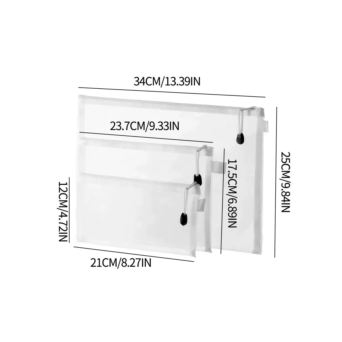 3Pcs Mesh Zipper Pouch A4A5A6 Student Waterproof Zip File Bag Makeup Bag School Office Supplies Miscellaneous Storage Organizer