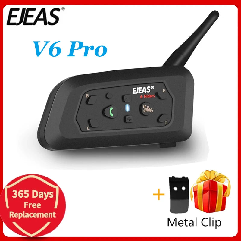 V6 PRO+ Bluetooth Motorcycle Helmet Intercom Headset with 1200M BT Interphone Communicator for 6 Riders Waterproof