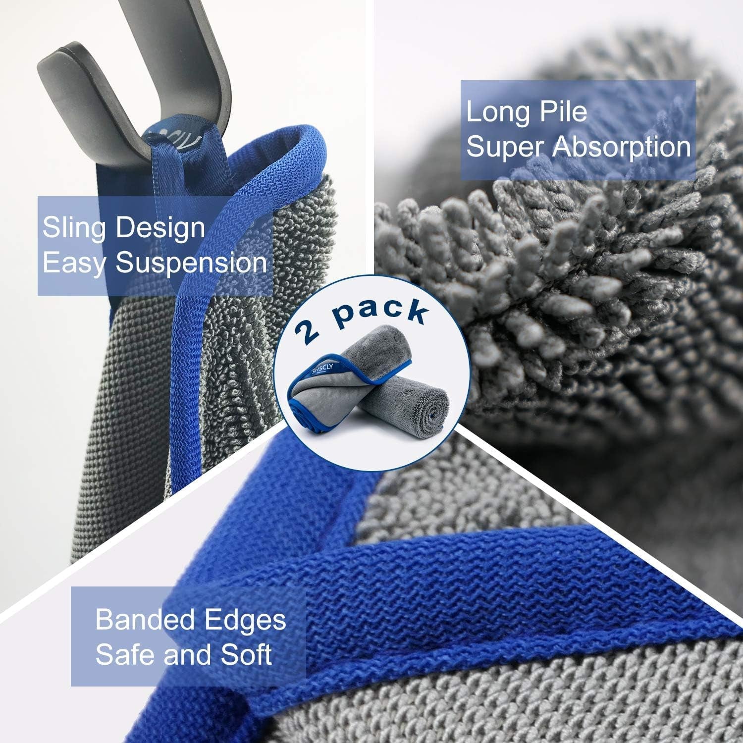 SHSCLY Microfiber Car Drying Towel Super Absorbent Twist Pile Car Towels Rapid Drying Large Cleaning Lint-Free Detailing Cloth Gray 24 X 20 Inches Pack of 2