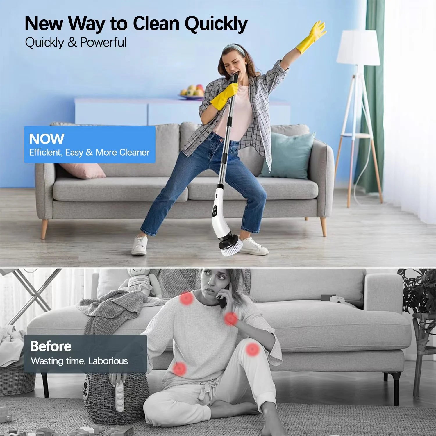 Electric Spin Scrubber - Cordless Cleaning Brush with 8 Heads & Long Handle Power Shower Scrubber for Bathroom Kitchen Tile Floor, White