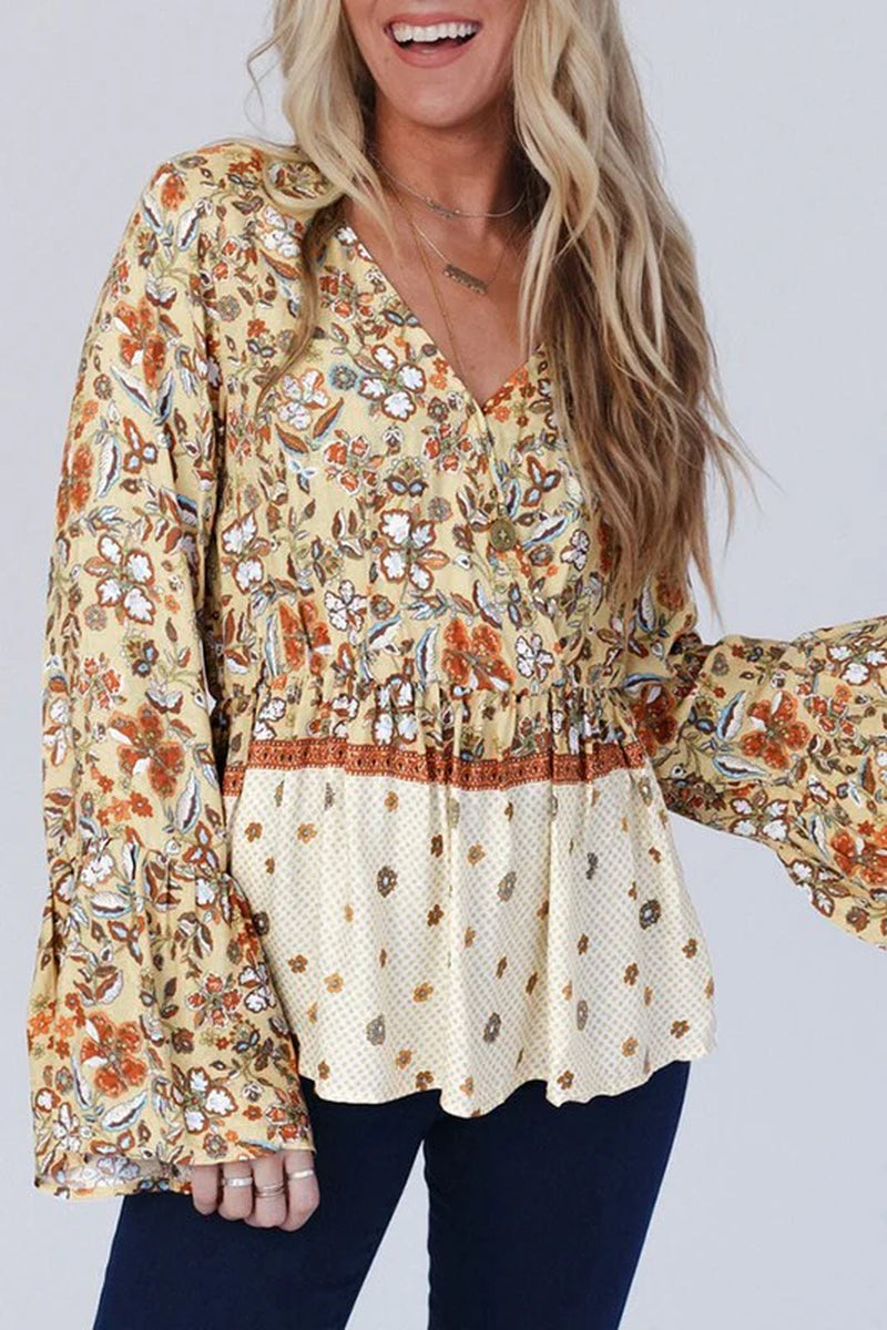 Floral V Neck Wrapped Contrast Peplum Blouse