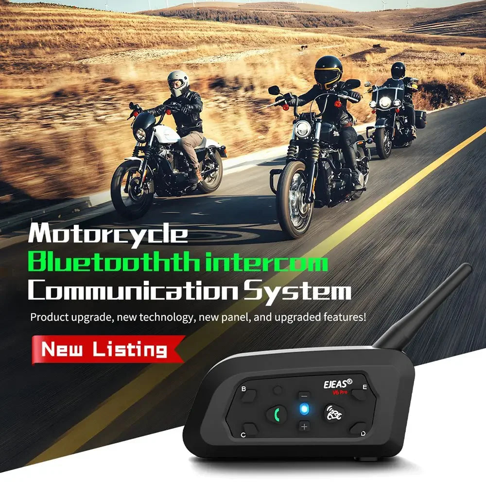 V6 PRO+ Bluetooth Motorcycle Helmet Intercom Headset with 1200M BT Interphone Communicator for 6 Riders Waterproof
