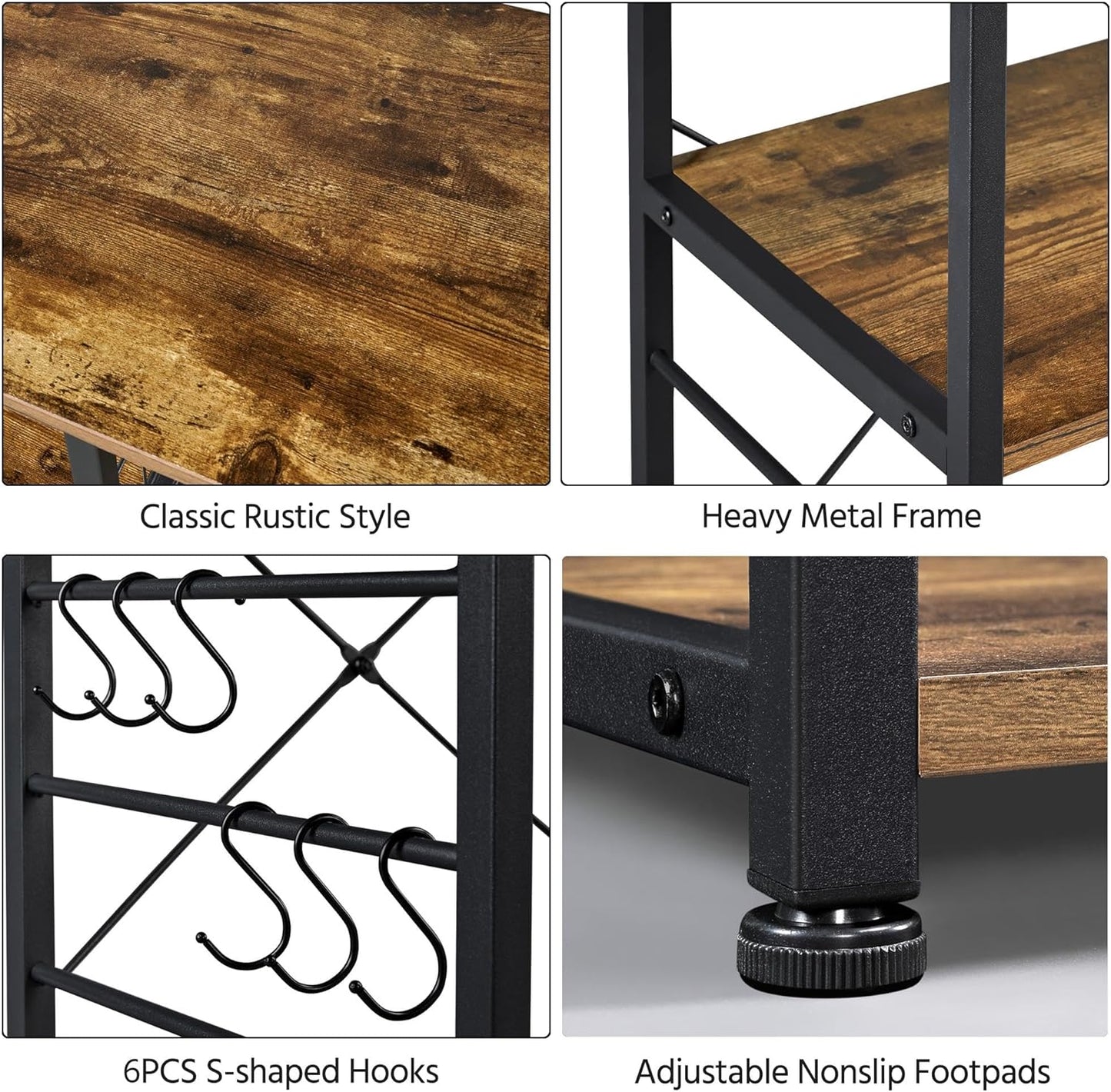 Yaheetech 4-Tier Kitchen Baker'S Rack, Coffee Bar Microwave Stand Cart with Wire Basket & 6 Side Hooks, Kitchen Organizer Shelf for Spices/Utensils Foods, Rustic Brown