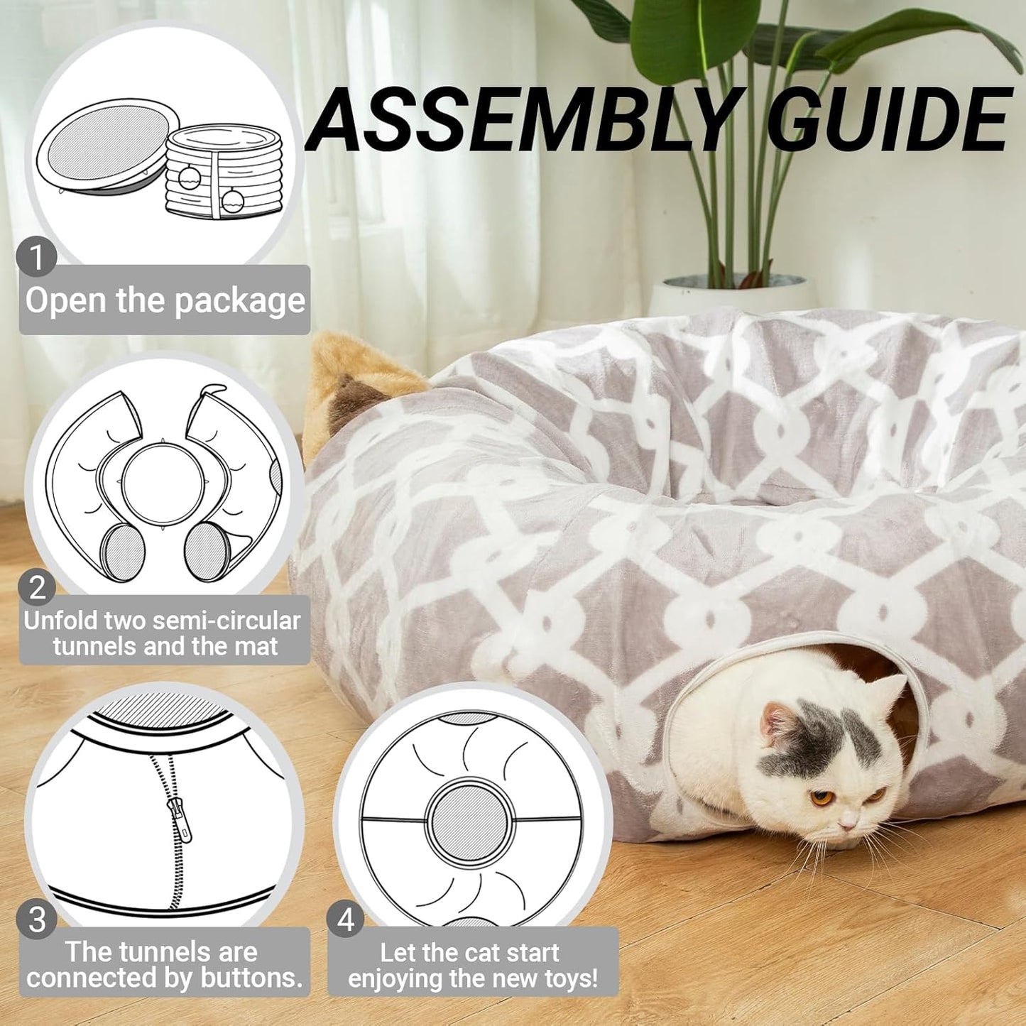 LUCKITTY Large Cat Tunnel Bed with Plush Cover,Fluffy Toy Balls, Small Cushion and Flexible Design- 10 Inch Diameter, 3 Ft Length- Great for Cats, and Small Dogs, Gray Geometric Figure