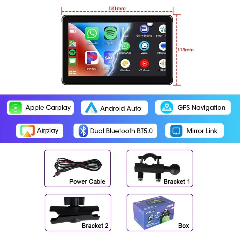 5/7 Inch Carplay Motorcycle DVR Navigation GPS Wireless Carplay Android Auto Airplay Display Screen Portable Moto Monitor IPX7