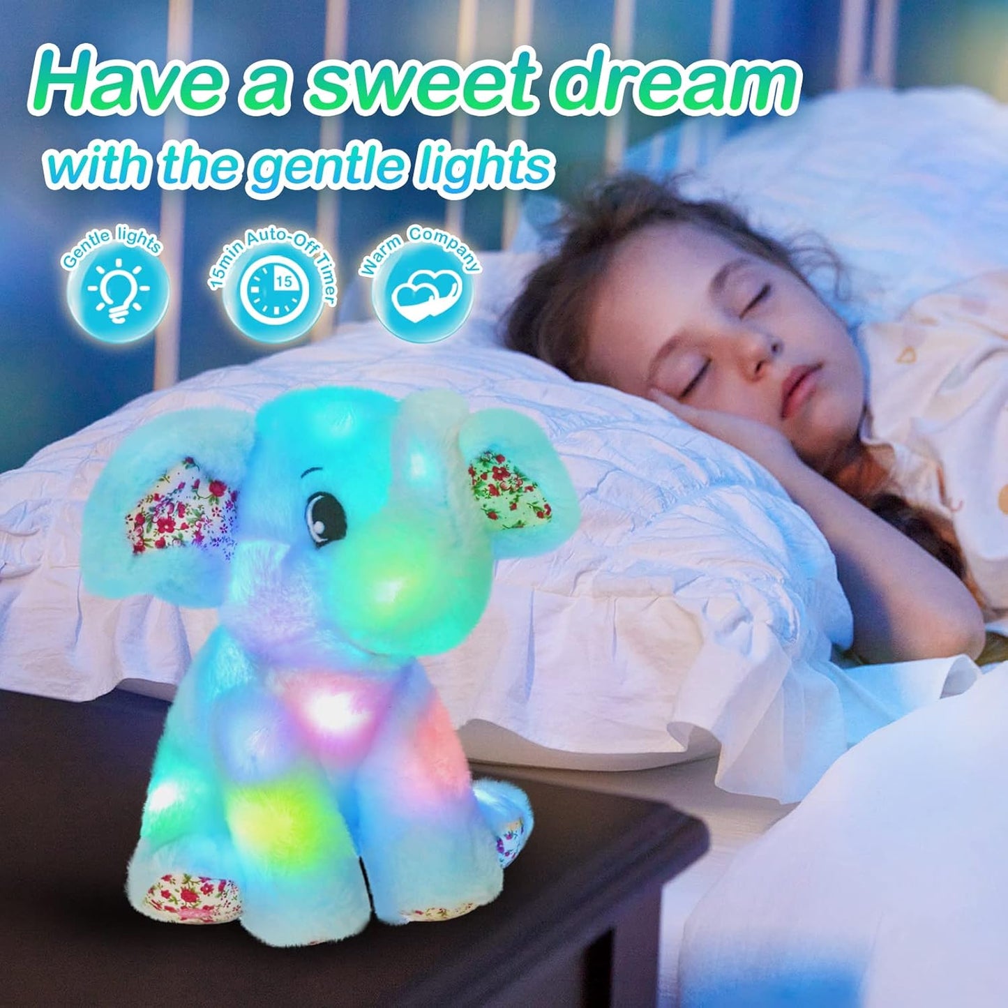BSTAOFY Light up Elephant Soft Plush Toy Cozy Floppy LED Stuffed Animals Lullabies Nightlight Bedtime for Kids Birthday Valentines for Toddlers 12‘’