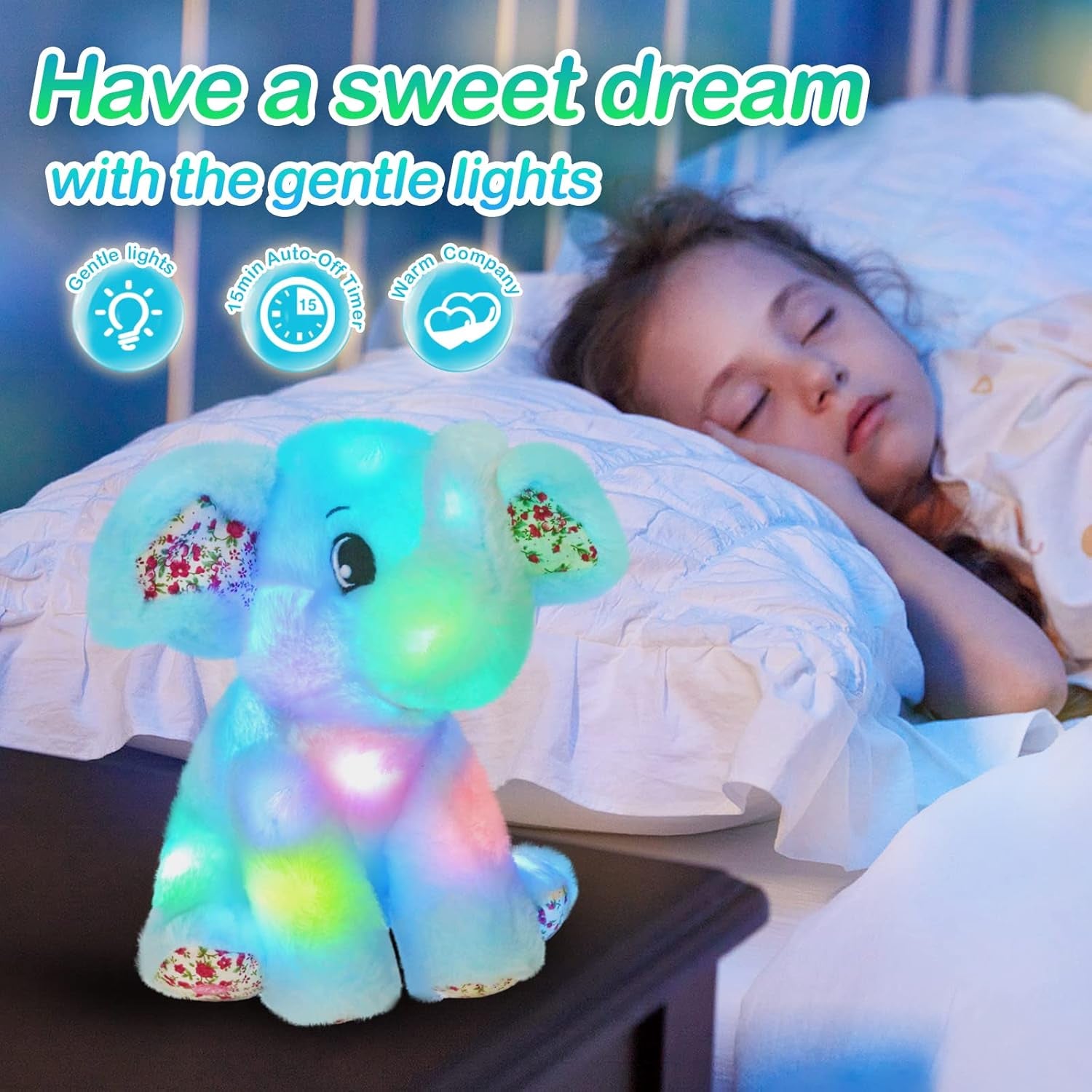 BSTAOFY Light up Elephant Soft Plush Toy Cozy Floppy LED Stuffed Animals Lullabies Nightlight Bedtime for Kids Birthday Valentines for Toddlers 12‘’