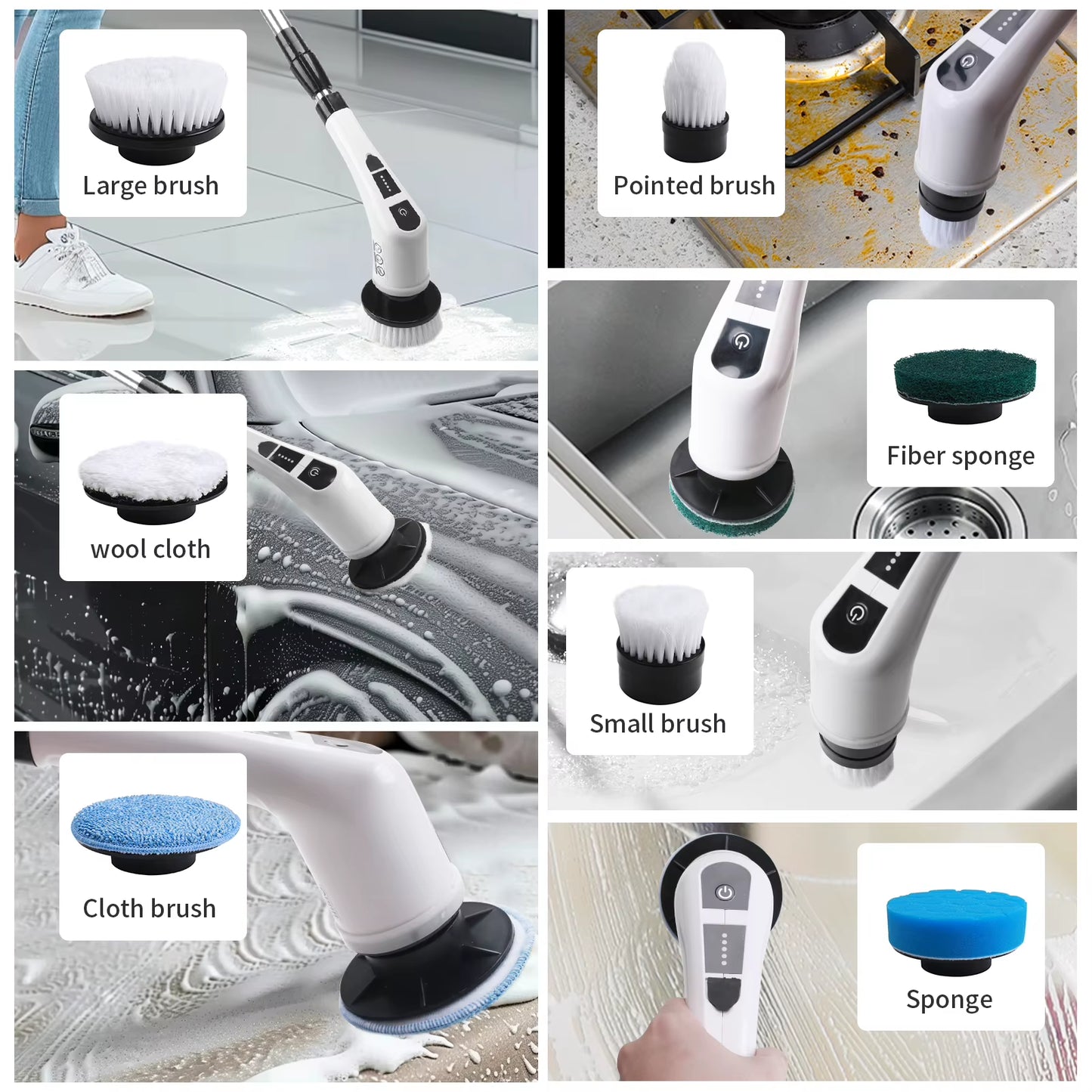 8-In-1 Electric Spin Scrubber Home Cordless Cleaning Brush 8 Heads 90Mins 3 Size 2 Speeds for Kitchen Bathroom Bathtub Glass Car