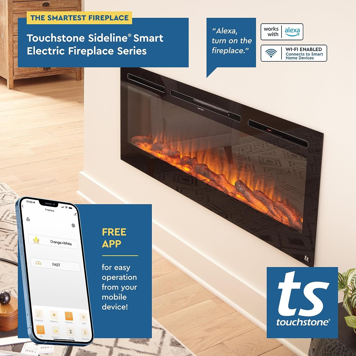 Touchstone Smart Electric Fireplace-The Sideline 36" Wide-In Wall Recessed - 30 Realistic Ember Color/Flame Options - 1,500W Heater W/Thermostat - Log & Crystal Hearth Options - Alexa/Wifi Enabled