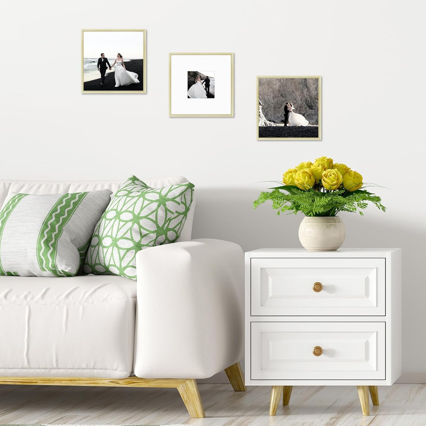 Frametory, 8X8 Gold Aluminum Picture Frame - Set of 1 - Ideal for Displaying 4X4 Photos with Mat or 8X8 without Mat - Real Glass Front - Simple Gallery Wall Frames for Art Prints and Posters