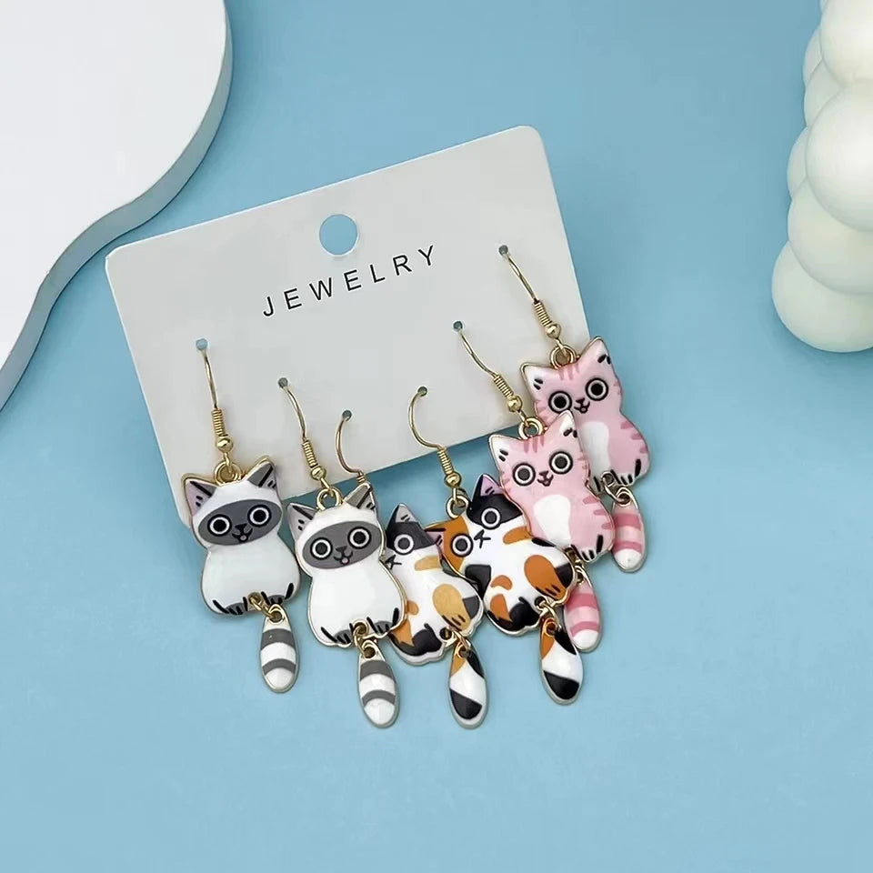3 Pairs New Fun and Cute Enamel Alloy Hanging Tail Cat Dangle Earrings Colored Cat Ear Jewelry Set Lovely Gift for Women Girls