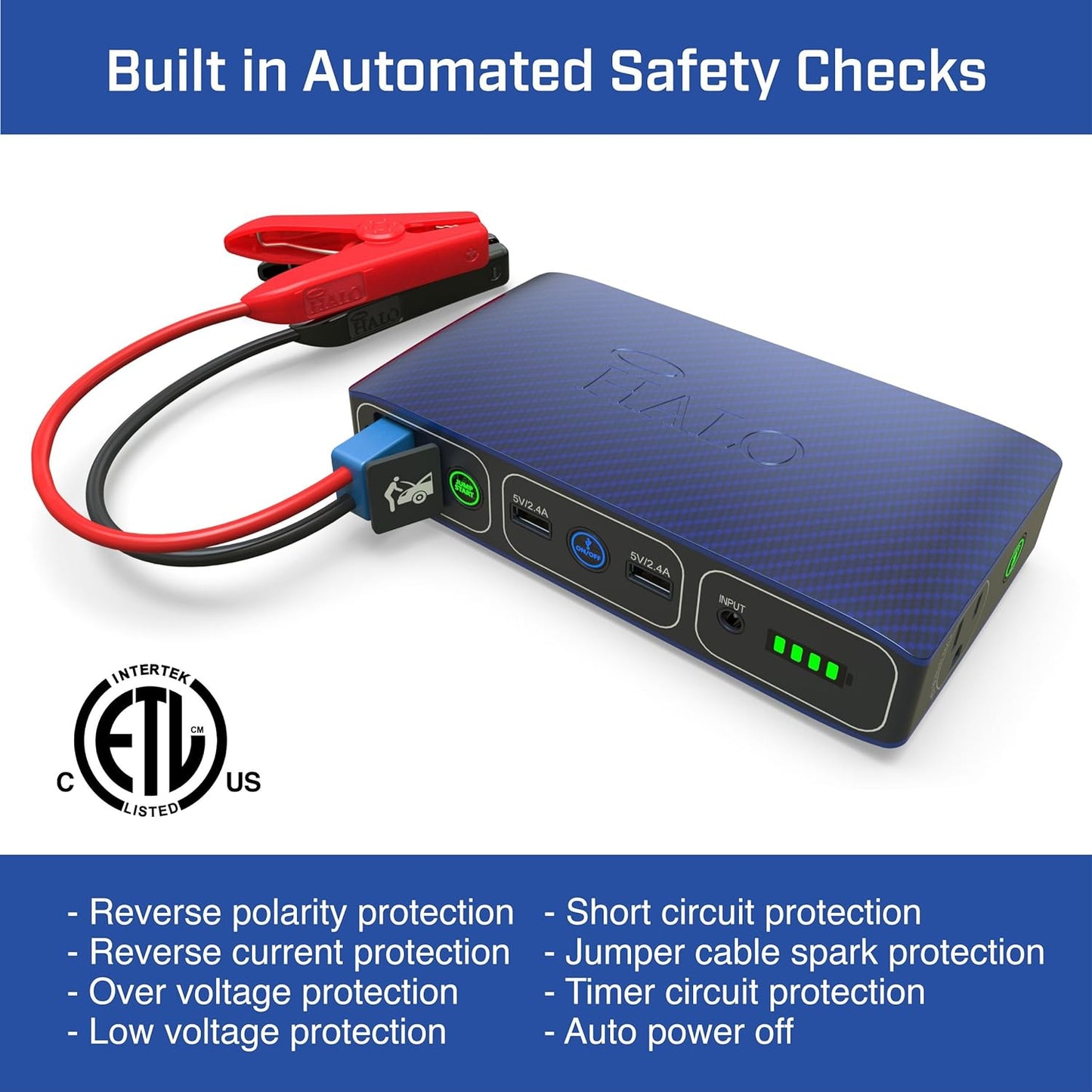 HALO Bolt 58830 ACDC Portable Car Battery Jump Starter | 58.8Wh USB Power Bank with AC Outlet, Emergency Floodlight & Charger, Jumps Cars Suvs & Trucks, Powers Phones & Laptops, TSA Approved — Gray