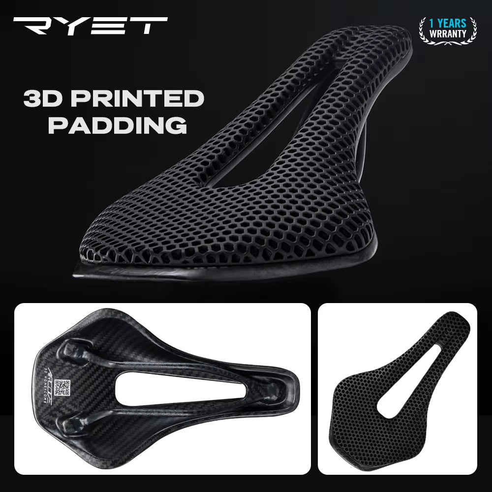 RYET 3D Printed Bicycle Saddle Ultralight Carbon Fiber Hollow Comfortable Breathable MTB Gravel Road Bike Cycling Seat Parts