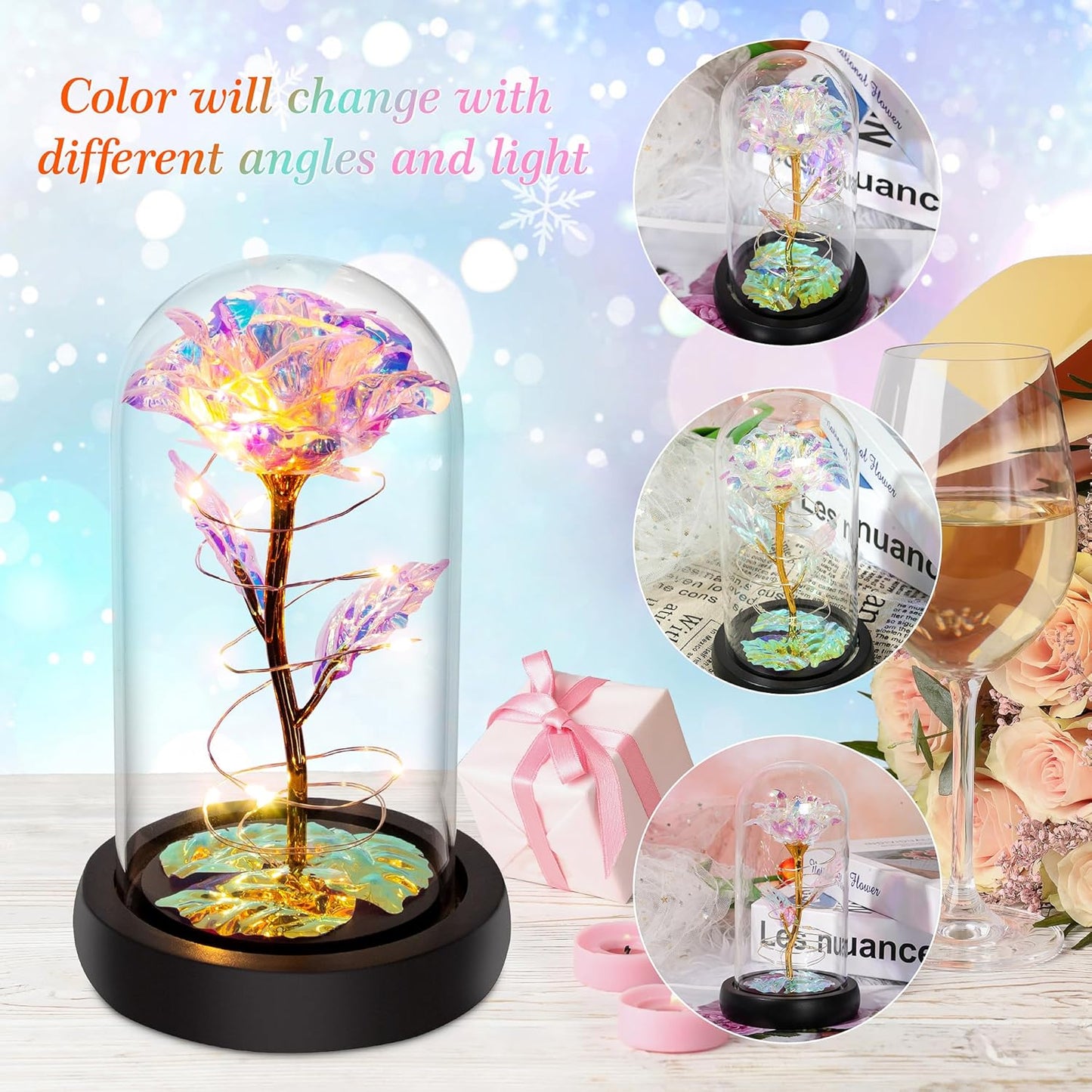 Childom Birthday Gifts for Women,Christmas Flowers Gifts for Her,Women,Mom,Wife,Grandma,Light up Rose in Glass Dome,Colorful Rainbow Flowers for Christmas,Anniversary,Valentines,Birthday