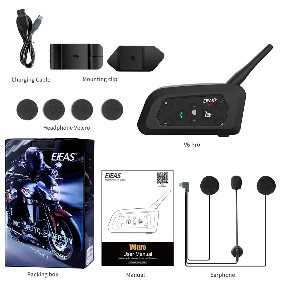 V6 PRO+ Bluetooth Motorcycle Helmet Intercom Headset with 1200M BT Interphone Communicator for 6 Riders Waterproof