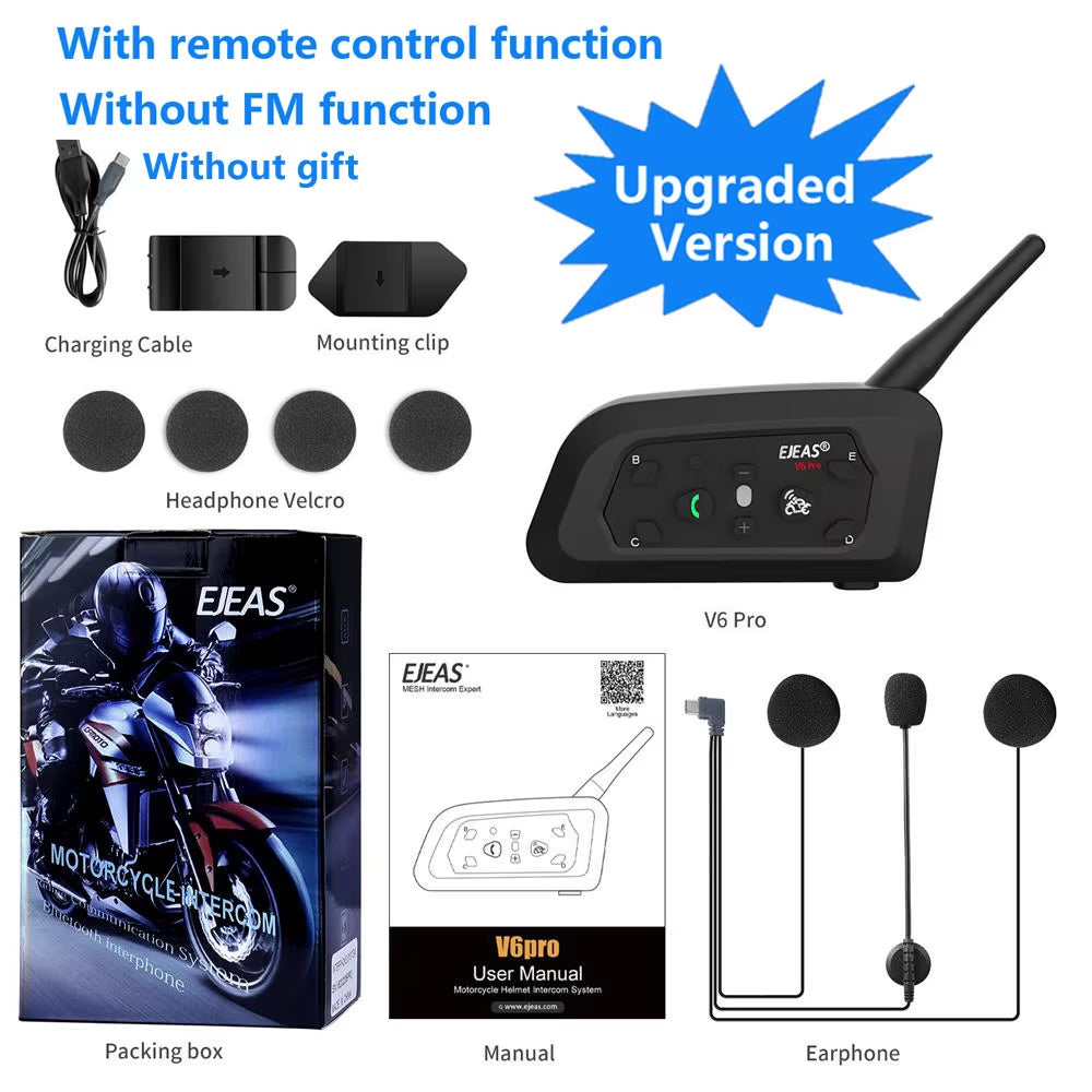 V6 PRO+ Bluetooth Motorcycle Helmet Intercom Headset with 1200M BT Interphone Communicator for 6 Riders Waterproof