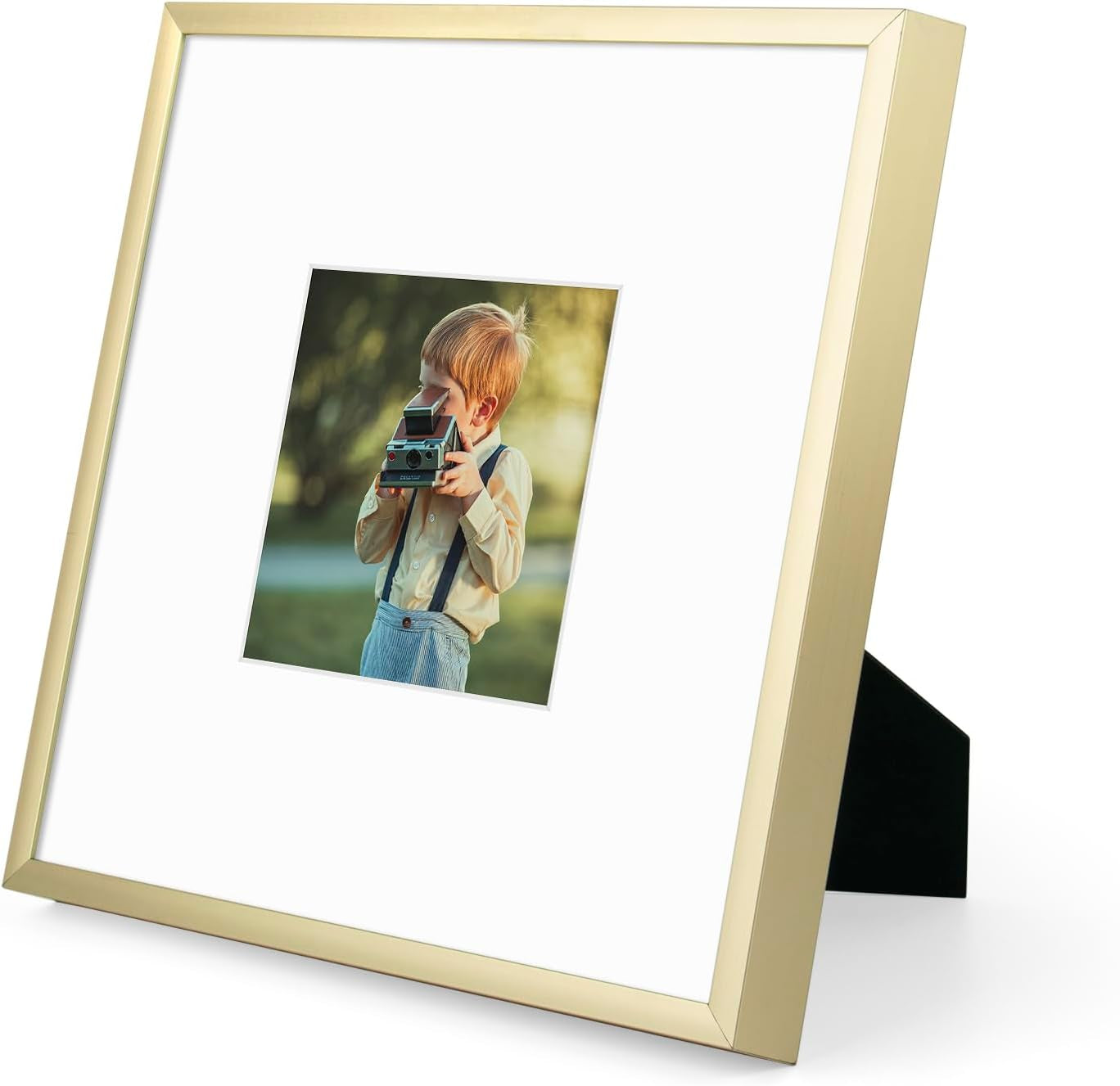 Frametory, 8X8 Gold Aluminum Picture Frame - Set of 1 - Ideal for Displaying 4X4 Photos with Mat or 8X8 without Mat - Real Glass Front - Simple Gallery Wall Frames for Art Prints and Posters