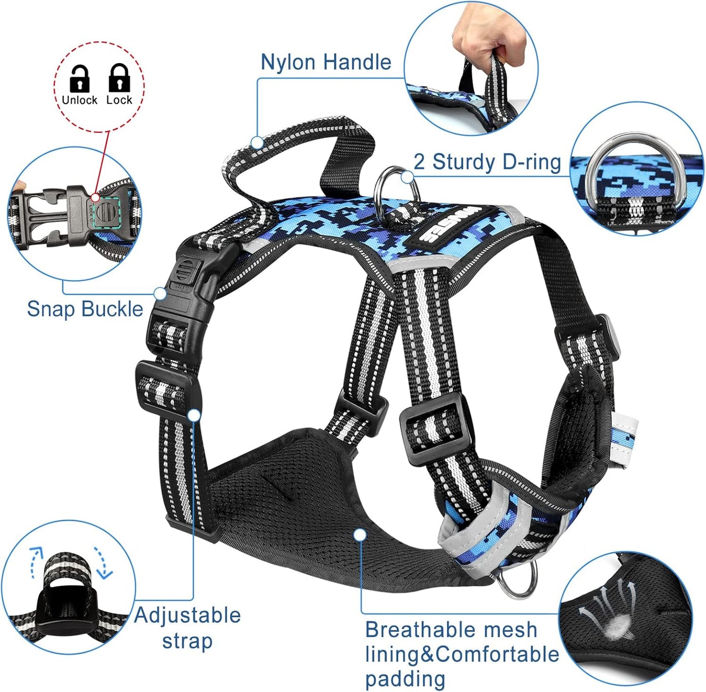 WINSEE Dog Harness No Pull, Pet Harnesses with Dog Collar, Adjustable Reflective Oxford Outdoor Vest, Front/Back Leash Clips for Small, Medium, Large, Extra Large Dogs, Easy Control Handle for Walking