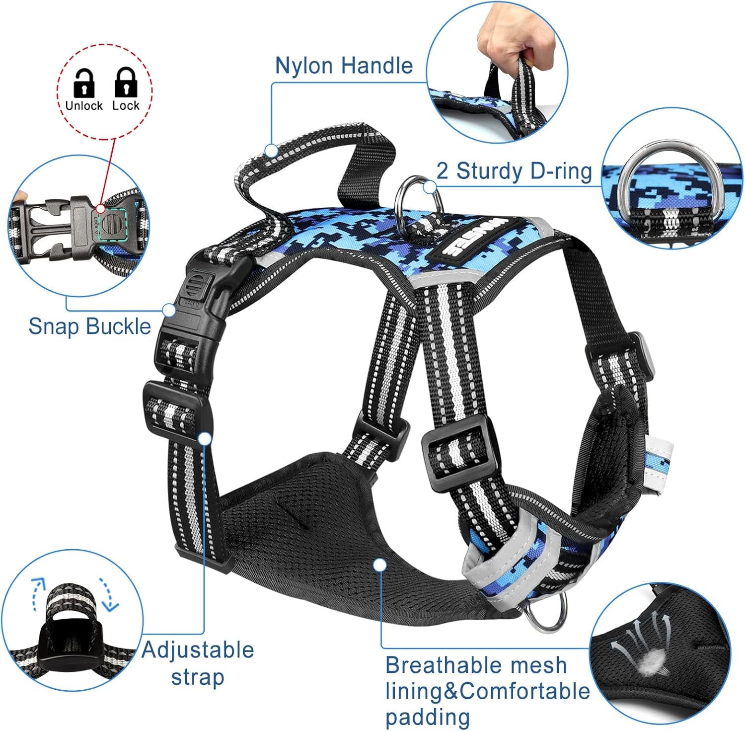 WINSEE Dog Harness No Pull, Pet Harnesses with Dog Collar, Adjustable Reflective Oxford Outdoor Vest, Front/Back Leash Clips for Small, Medium, Large, Extra Large Dogs, Easy Control Handle for Walking