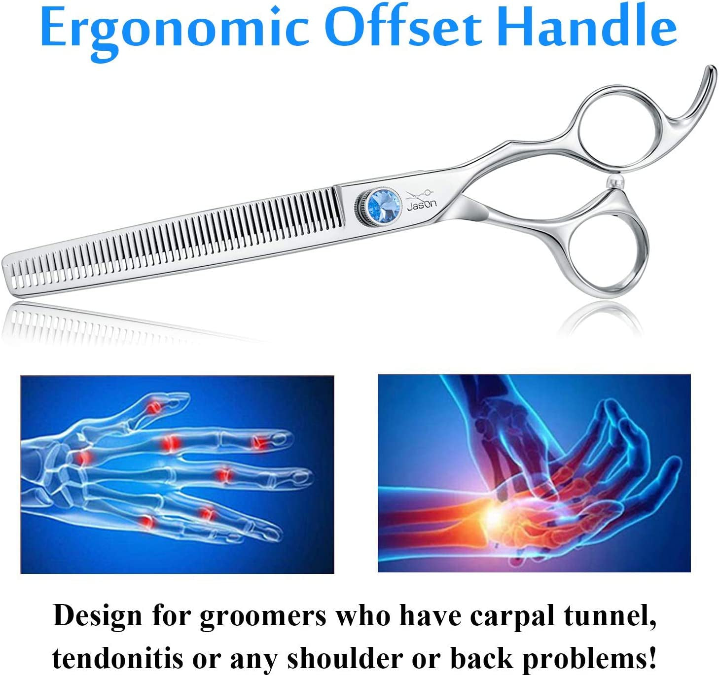 JASON 7" 50 Teeth Thinning Dog Grooming Blending Scissor, Ergonomic Pet Grooming Thinner Blender Shears Cat Trimming Texturizing Kit with Offset Handle and a Jewelled Screw, 30% Thinning Rate
