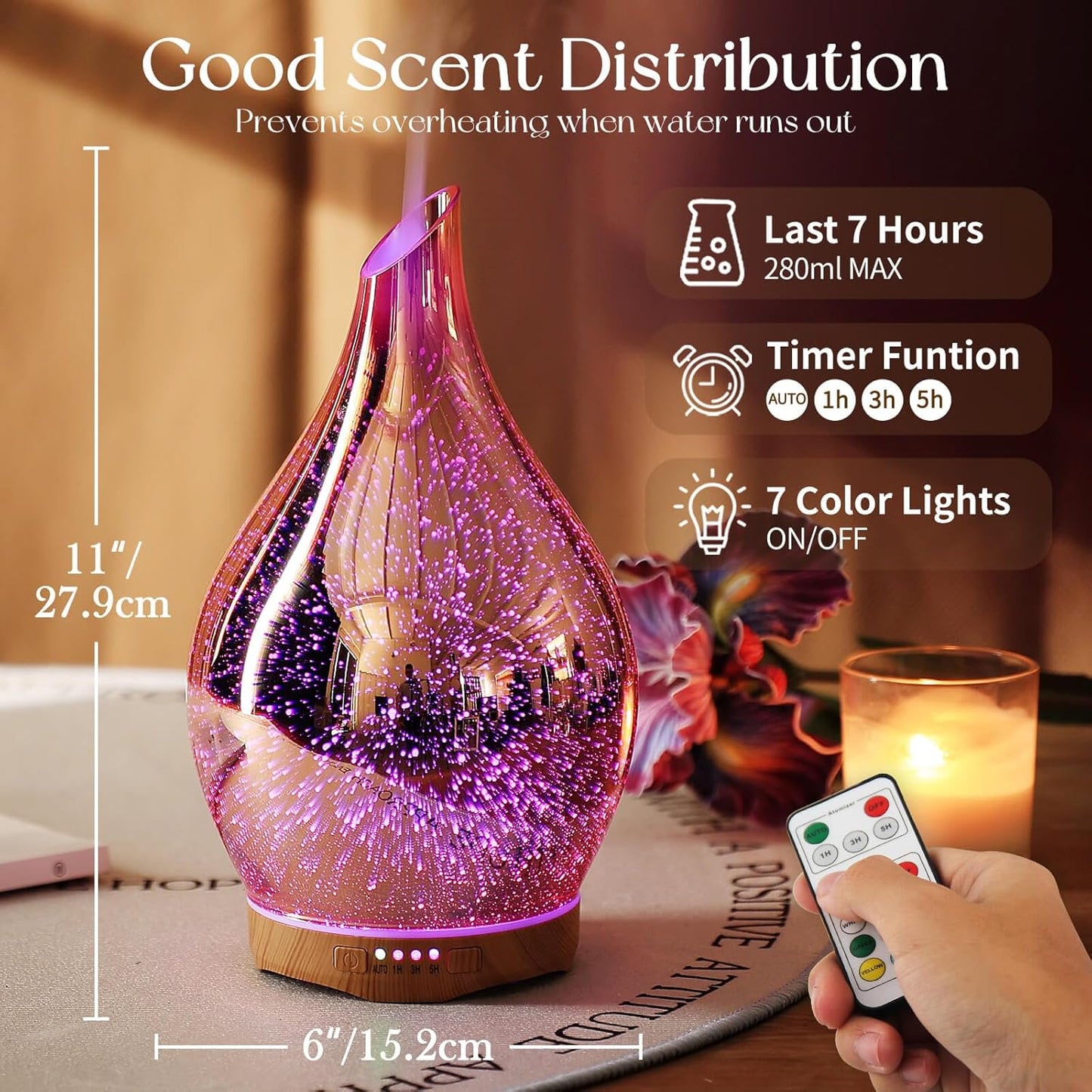 Porseme 280ML Essential Oil Diffuser, Aroma Ultrasonic Humidifier with Remote Control, BPA Free, Auto Shut-Off, Timer Setting