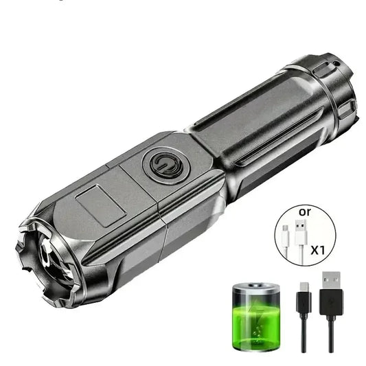 Powerful LED Flashlight USB Rechargeable Tactical Torch with Telescopic Zoom 4 Modes Waterproof Long-Range Outdoor Camping Light