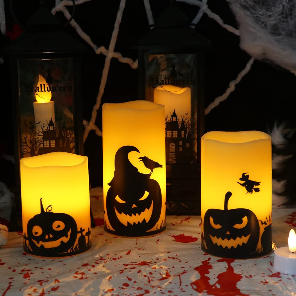 Eldnacele Halloween Flameless Candles, LED Flickering Battery Pillar Candles with 6H Timer and Pumpkin Decals, Spooky Fall Halloween Festival Party Decoration Set of 3 (D 3” X H 4” 5” 6”)