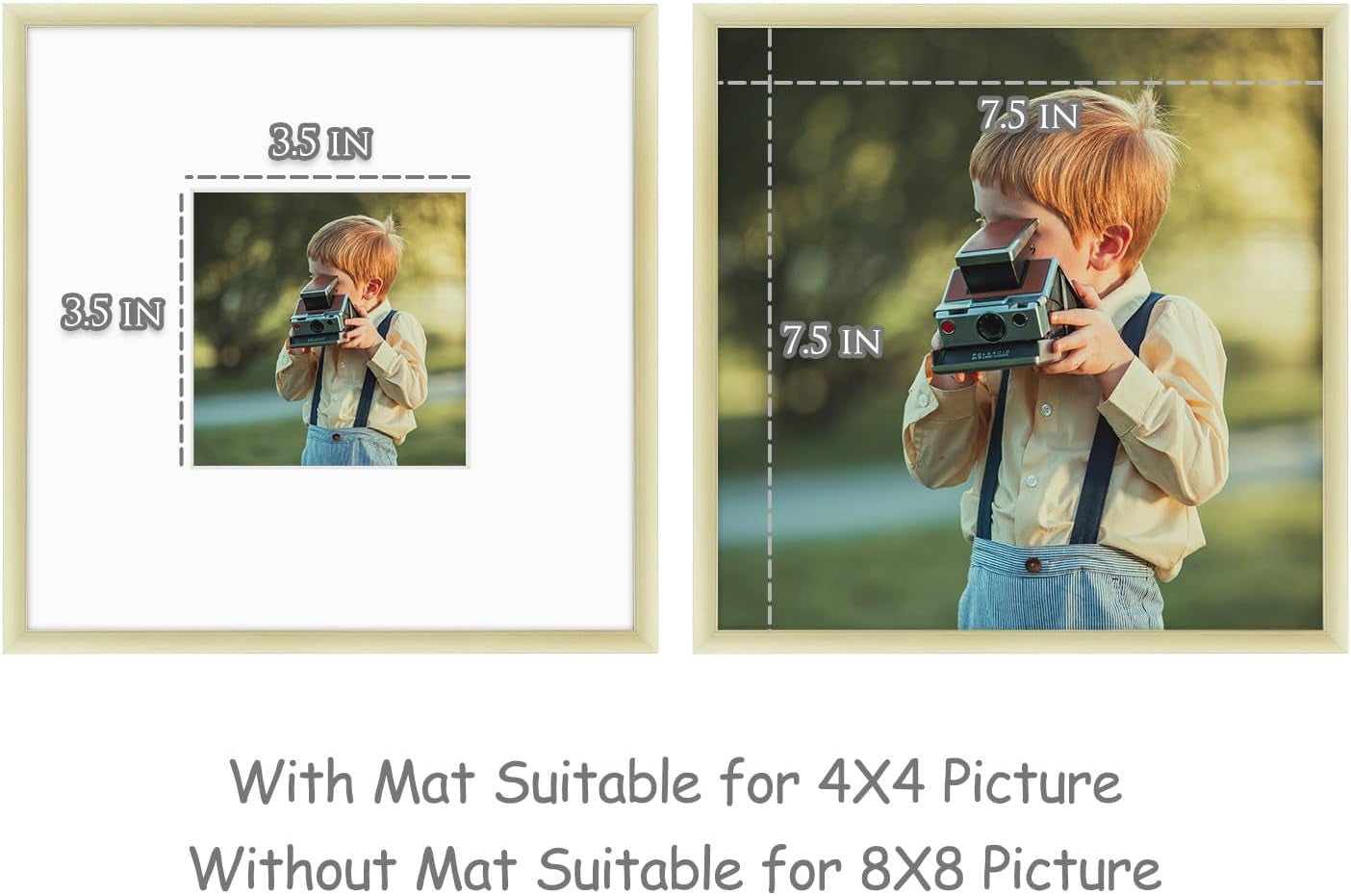 Frametory, 8X8 Gold Aluminum Picture Frame - Set of 1 - Ideal for Displaying 4X4 Photos with Mat or 8X8 without Mat - Real Glass Front - Simple Gallery Wall Frames for Art Prints and Posters