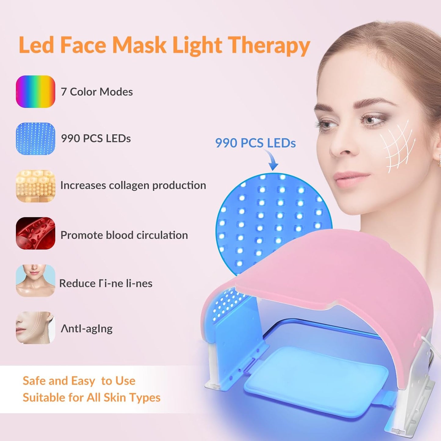 Led Light Therapy for Face with 990 LED 7 Colors Photon PDT Led Red Light Therapy Mask Infrared Face Light Therapy Beauty Led Mask Therapy for SPA Body Face Skincare at Salon and Home