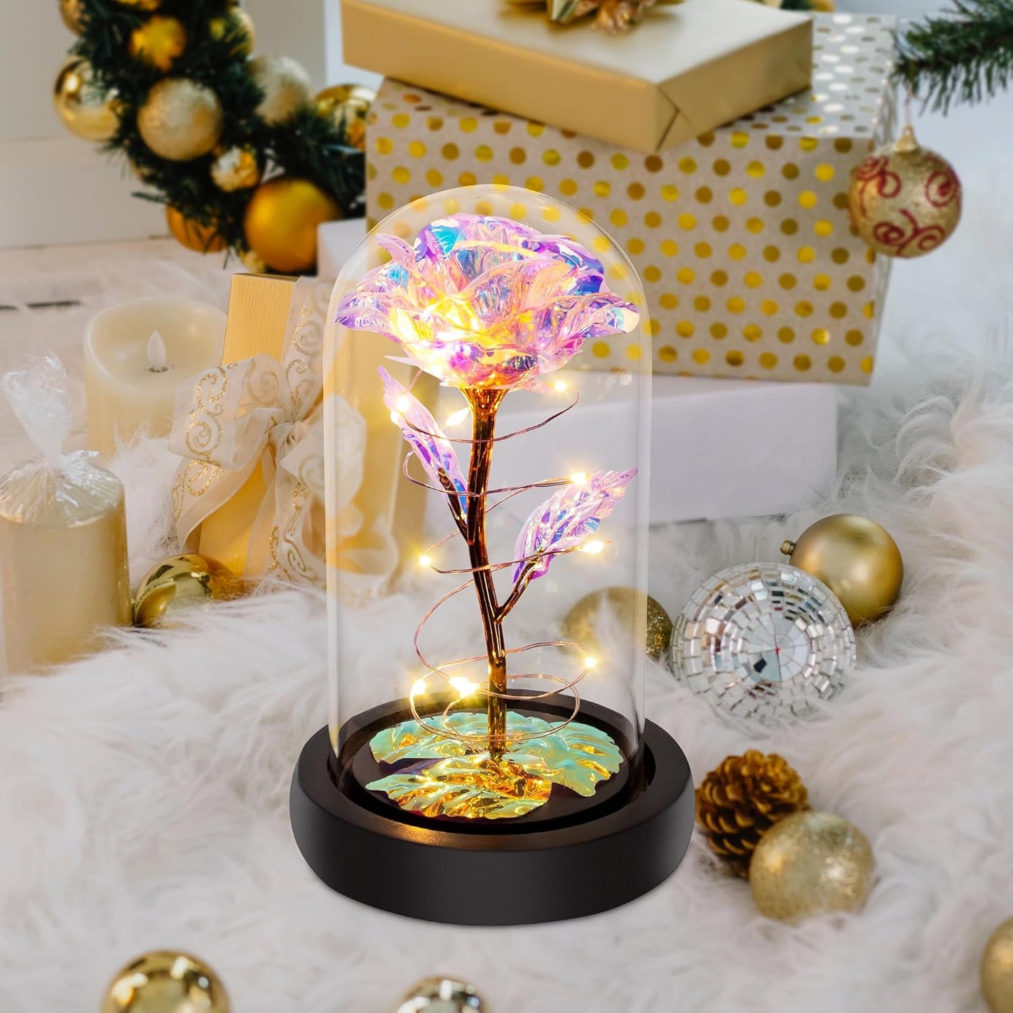 Childom Birthday Gifts for Women,Christmas Flowers Gifts for Her,Women,Mom,Wife,Grandma,Light up Rose in Glass Dome,Colorful Rainbow Flowers for Christmas,Anniversary,Valentines,Birthday