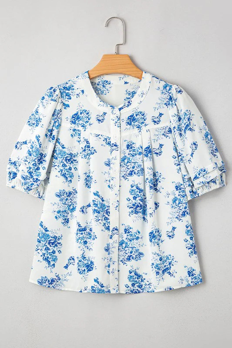 Sky Blue Floral Print Puff Sleeve Pleated Shirt