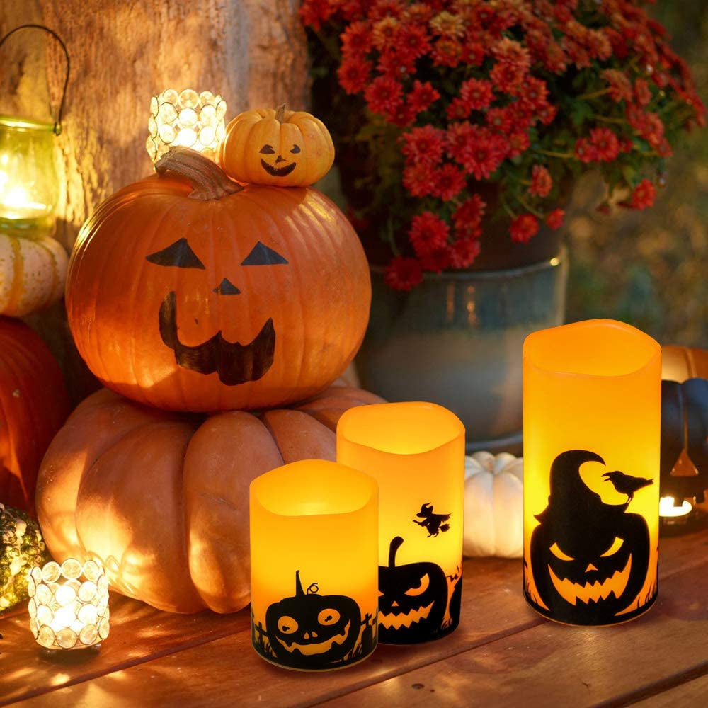 Eldnacele Halloween Flameless Candles, LED Flickering Battery Pillar Candles with 6H Timer and Pumpkin Decals, Spooky Fall Halloween Festival Party Decoration Set of 3 (D 3” X H 4” 5” 6”)