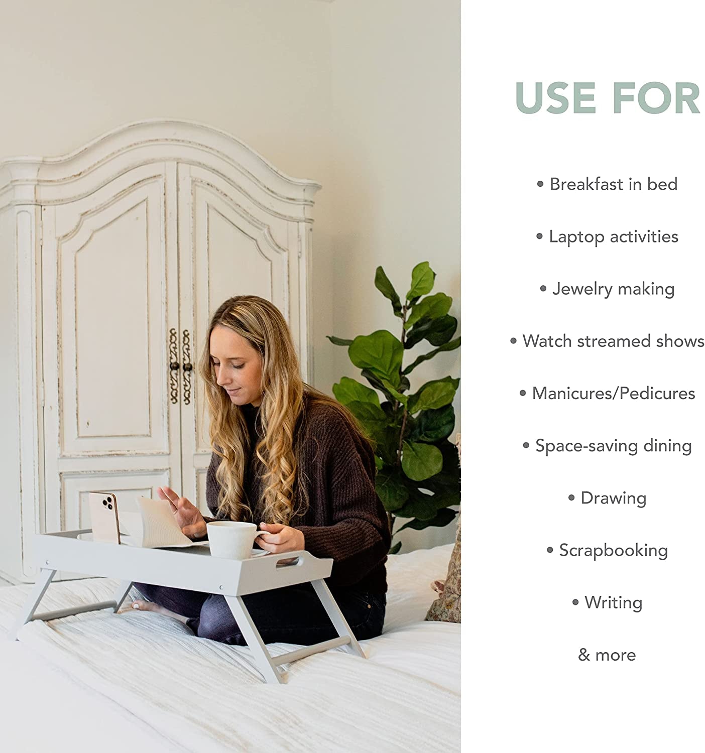 ROSSIE HOME Extra Large Wood Bed Tray, Lap Tray, Lap Desk with Phone Holder - Fits up to 17.3 Inch Laptops and Most Tablets - Calming Gray - Style No. 78105