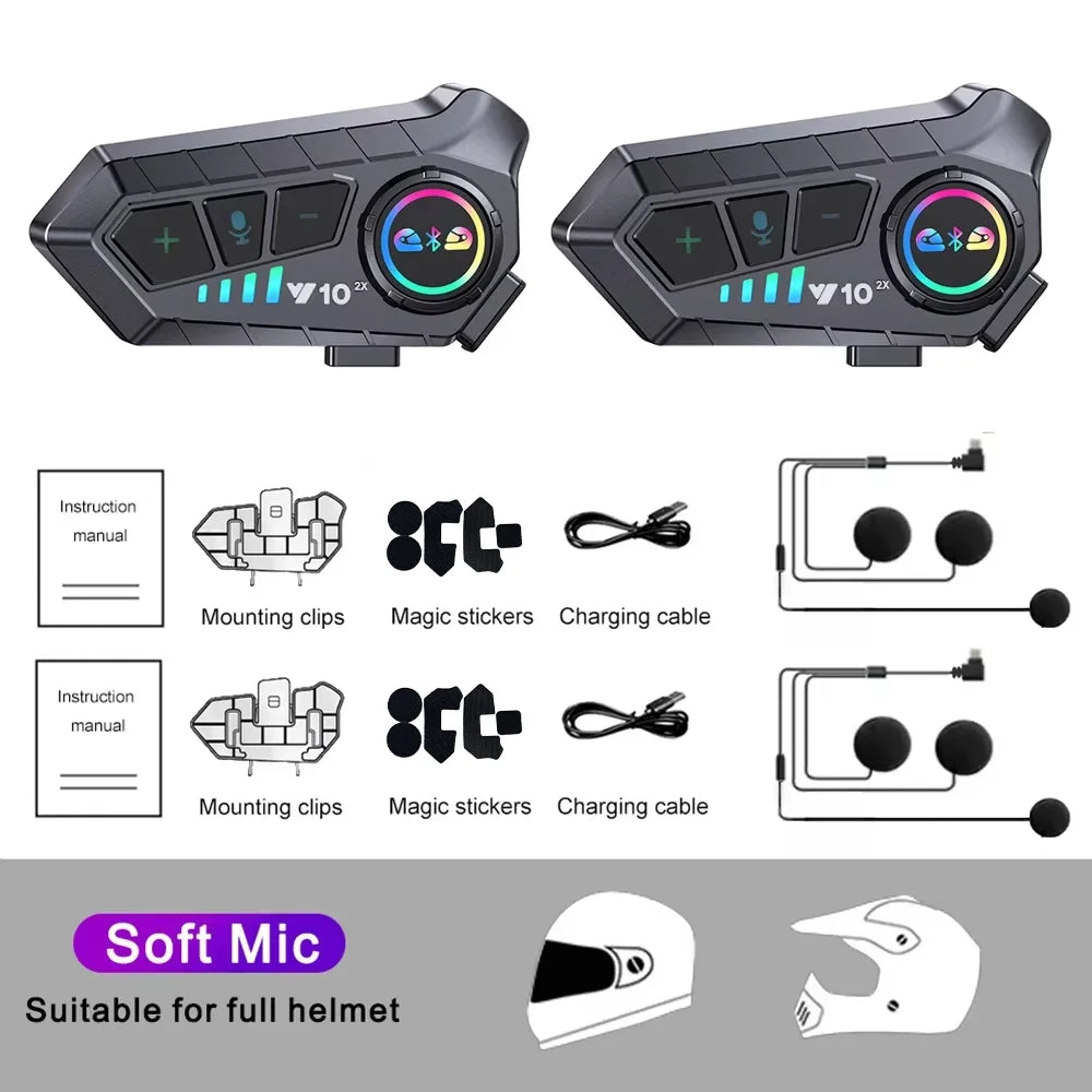 2PCS Y10 2X Helmet BT 5.3 for 2 Riders Intercommunicator 300M Waterproof Music Sharinmotorcycle Intercom Headsetg Interphone