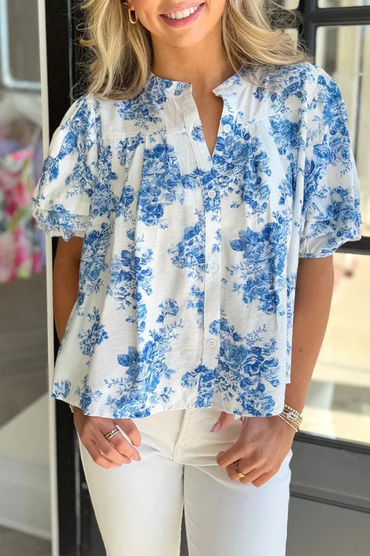 Sky Blue Floral Print Puff Sleeve Pleated Shirt