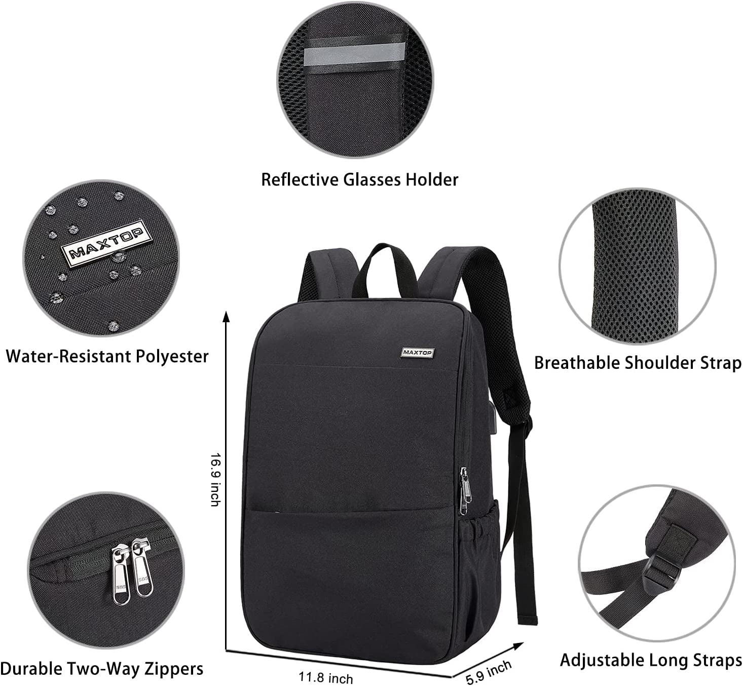 MAXTOP Deep Storage Laptop Backpack with USB Charging Port[Water Resistant] College Computer Bookbag Fits 15 Inch Laptop Black