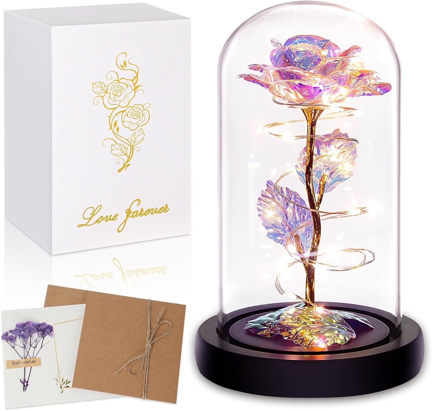 Childom Birthday Gifts for Women,Christmas Flowers Gifts for Her,Women,Mom,Wife,Grandma,Light up Rose in Glass Dome,Colorful Rainbow Flowers for Christmas,Anniversary,Valentines,Birthday